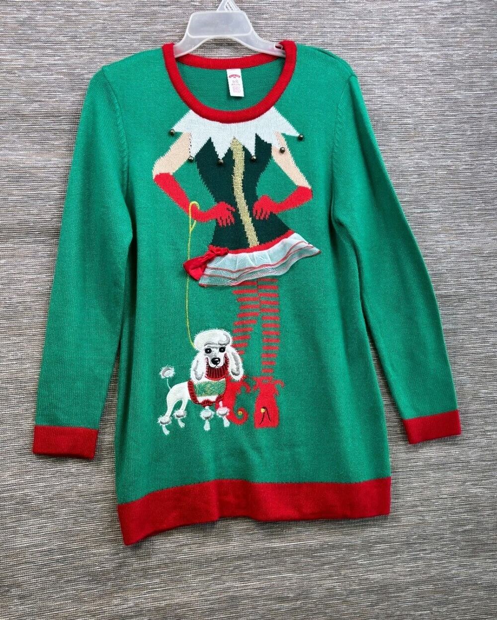 Christmas Holiday Pretty Poodle Sweater Pullover Juniors Size XL 16-18 Green